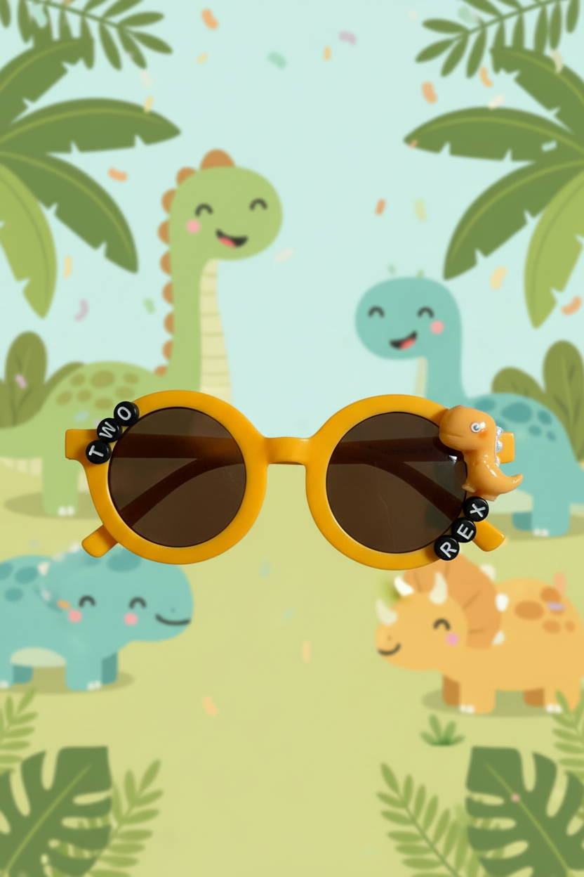 Straightened yellow sunglasses on a dinosaur background