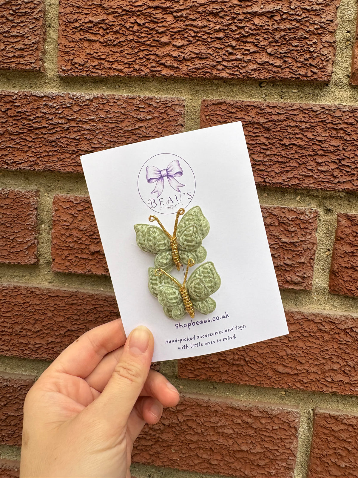 Handmade butterfly hair clips in sage