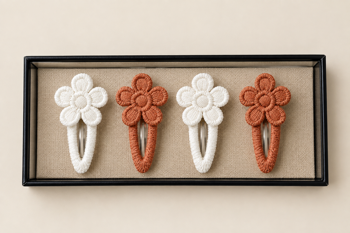 Embroidered flower snap clips pair.