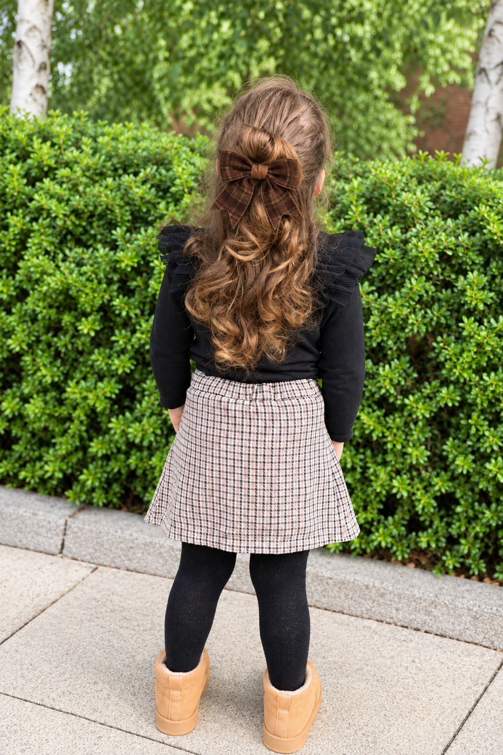 Chunky brown checkered Velvet, Beau’s Bow clip.